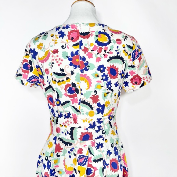 SOLD-Boden Colorful Artsy Flower Faux Wrap Short Sleeve Knee Length White Dress - Picture 5 of 10